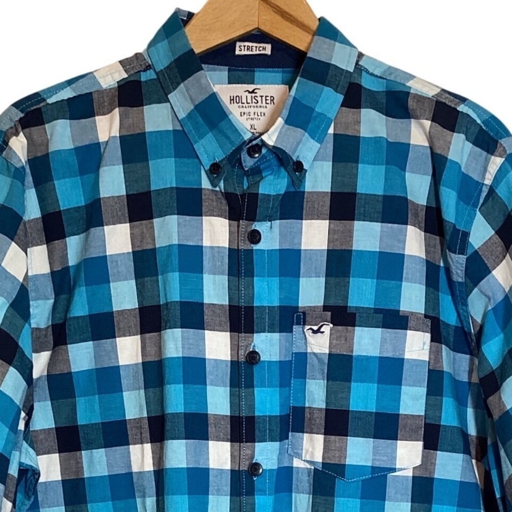 Hollister Epic Flex Stretch Blue Black White Buffalo Long Sleeve Button Down XL